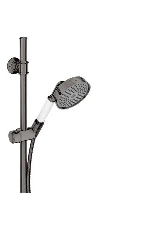 Brausekopf mit Halterung und Schlauch in Polished Black Chrome, montiert an vertikalem Rohr. Produkt von AXOR, für Dusche geeignet.